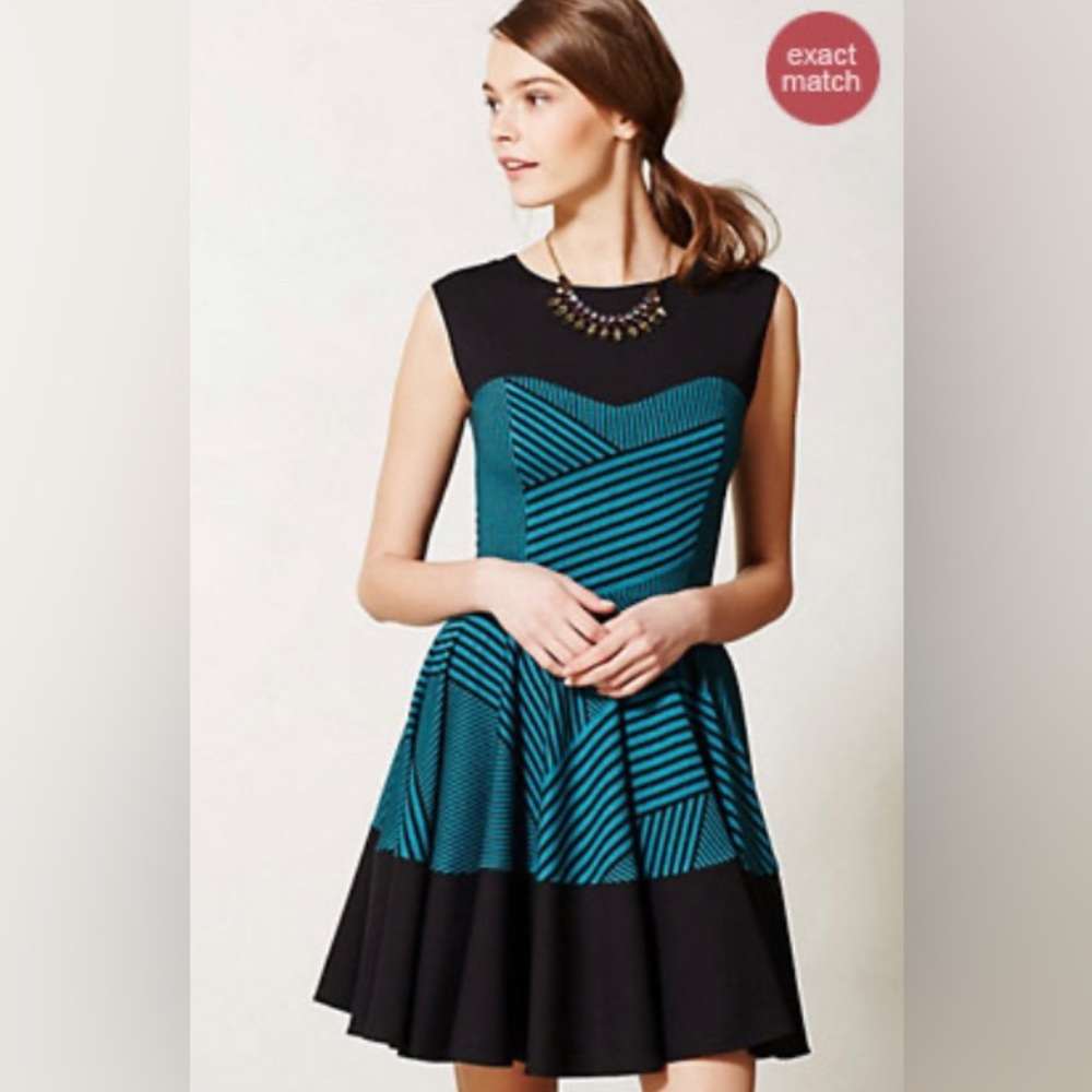 Eva Franco Blue & Black Stripe Sweetheart Neckline Skater Dress Size 2